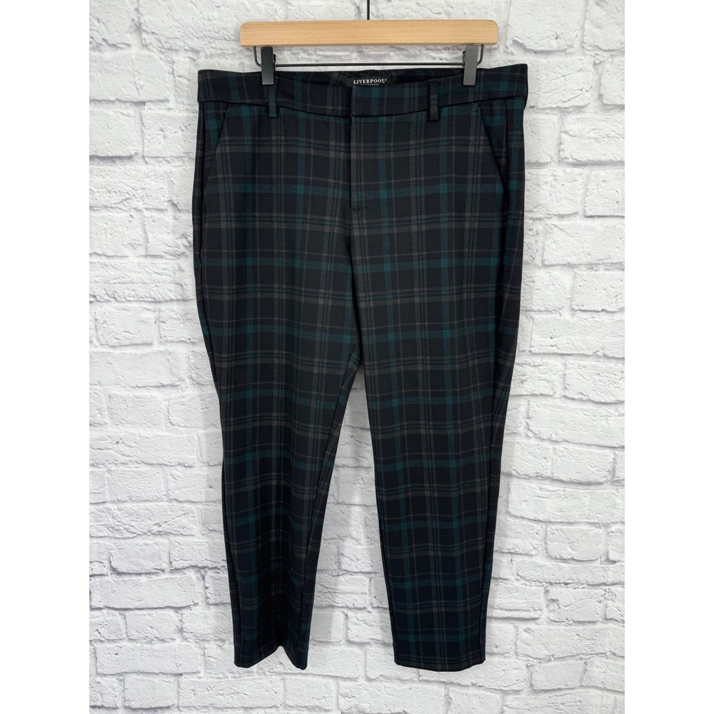 Liverpool Women's Plaid Pants Size 14/32 Black Green Straight Leg‎ Stretch
